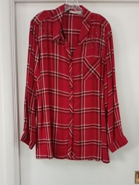 Dress Barn Red Plaid Button-Down Shirt with Stud Accents
